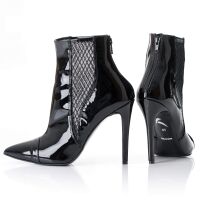 High Heel Stiefelette Lackleder Schwarz Netzeinsatz