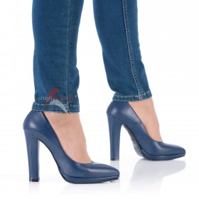 High Heels Pumps Blau Leder Blockabsatz #farbName